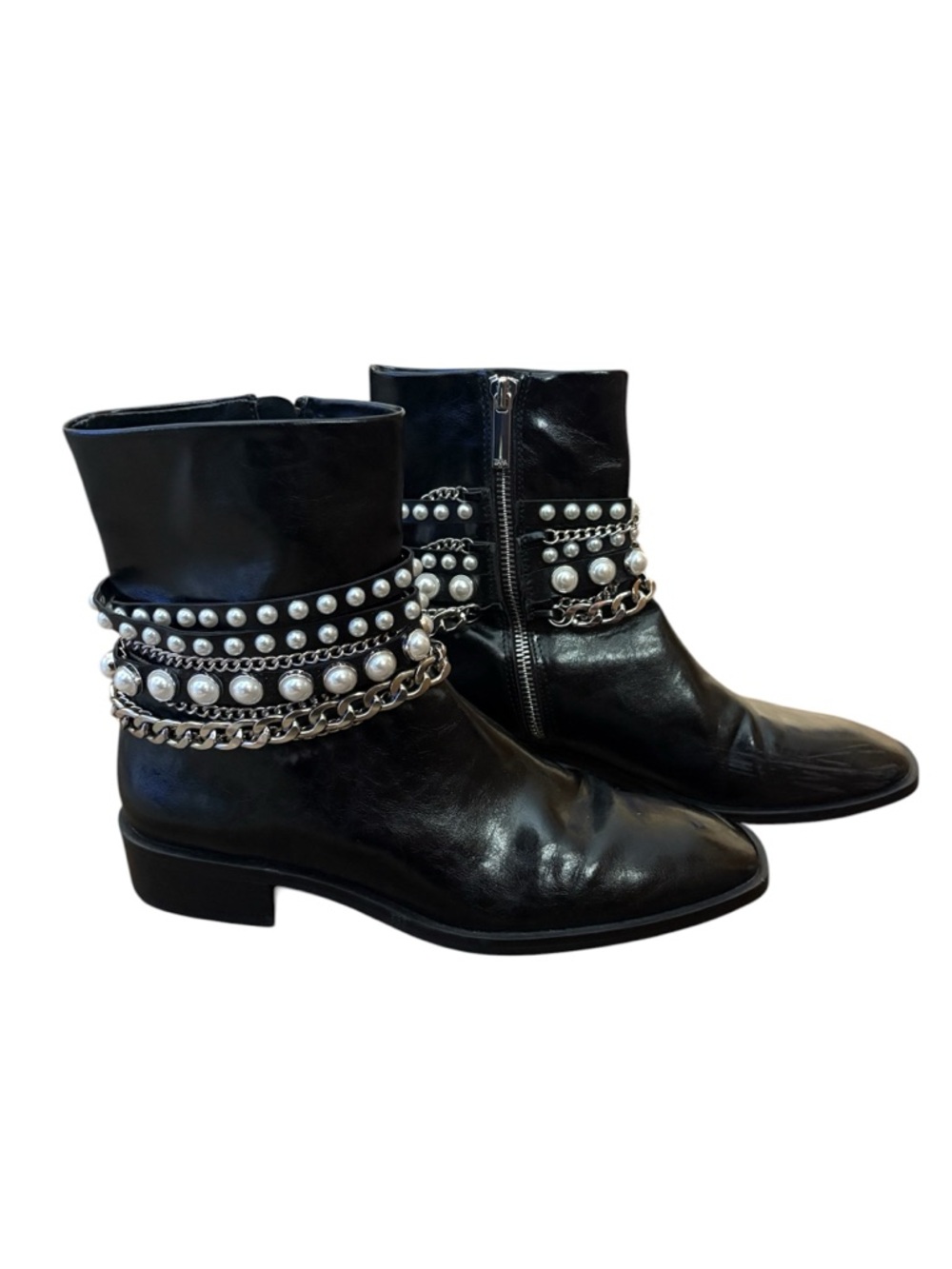 Zara Black Pearl Chain Ankle Boots - Picture 1 of 6